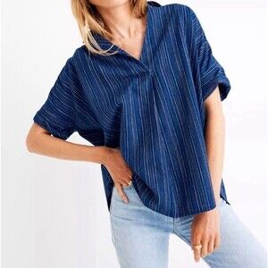 MADEWELL Courier Button Back Popover Top Small Blue Cecile Stripe Boxy Oversized